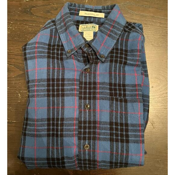 LL Bean Blue Plaid Flannel Shirt Men’s Medium Traditional Fit Button Down - Picture 8 of 10